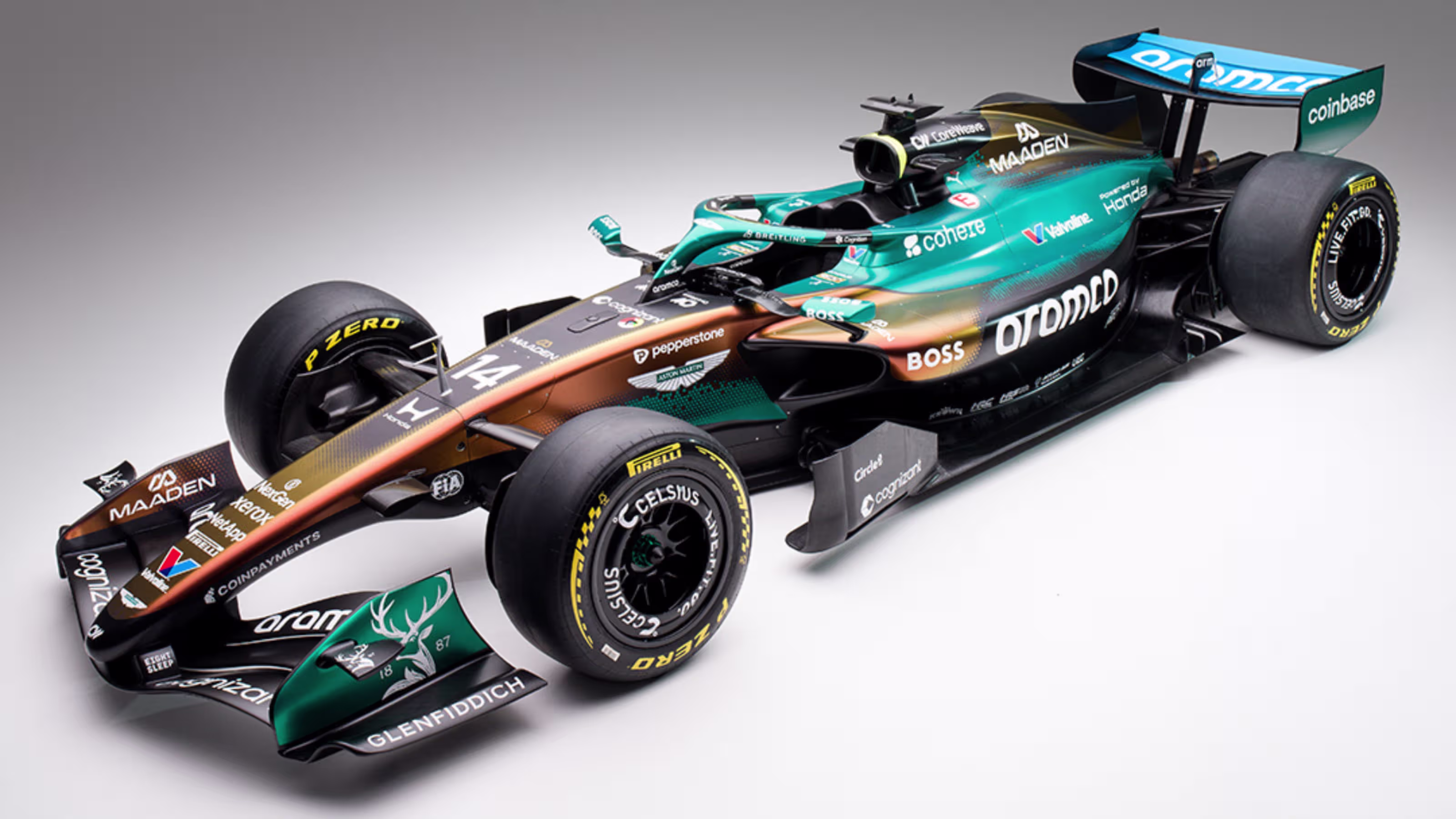Aston Martin AMR25 F1 Monaco Grand Prix 2026 Maaden iridescent livery official 16x9 promotional studio shot of the car with the iridescent color-changing paint scheme catching dramatic studio lighting